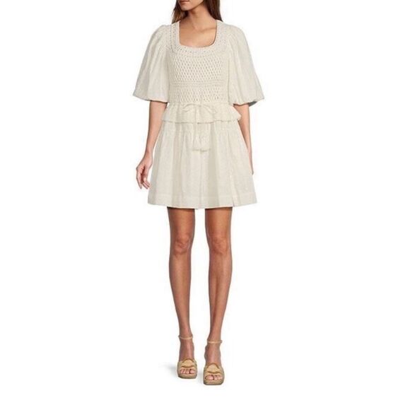 A Loves A White Crochet Balloon Sleeve Ruffle Mini Dress - Picture 1 of 10